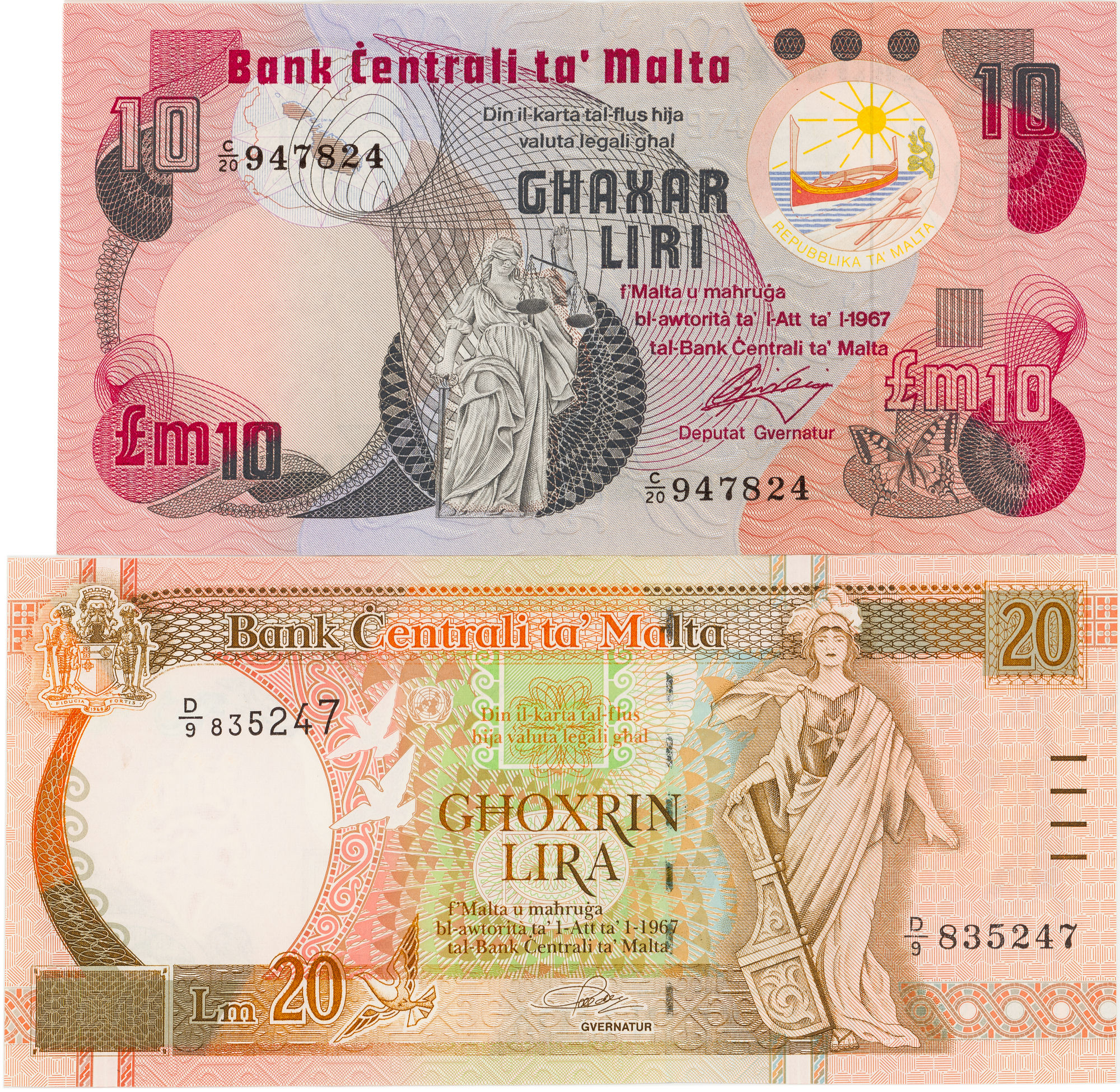 Malta, Twenty Lira - Ten Liri, 1979 - 1994, gVF - aUNC