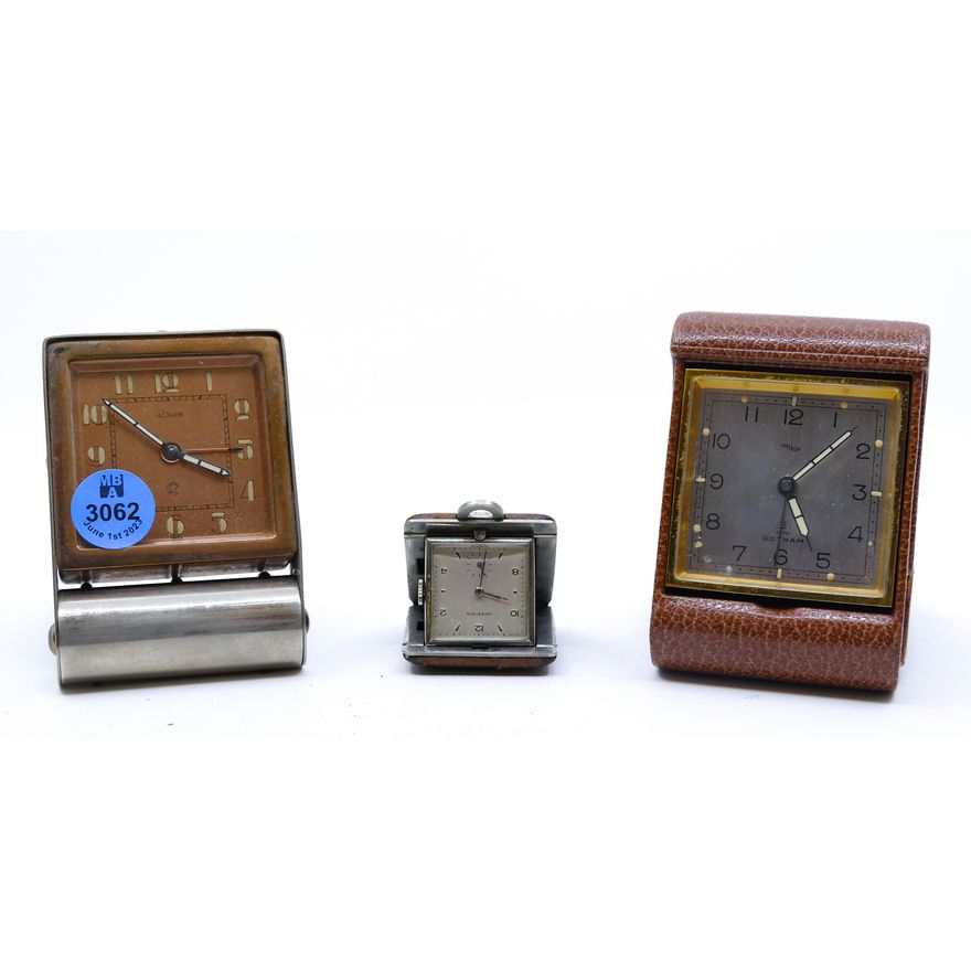 3pc Vintage Folding Tavel Clocks - LeCoutre, Juvenia, Imhof