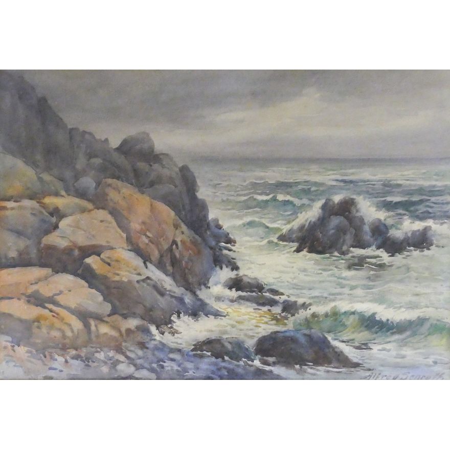 Alfred Schroff ''Waves on the Rocks'' (Seascape) Watercolor