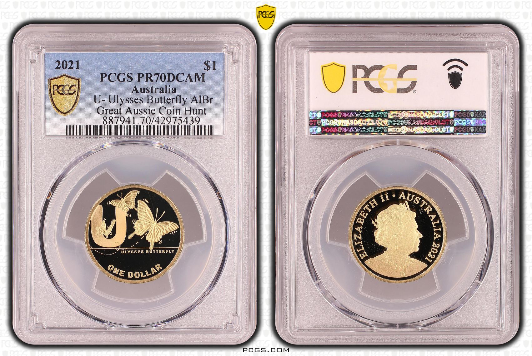 Elizabeth II, U- Ulysses Butterfly, Great Aussie Coin Hunt, One Dollar, PR70DCAM , 2021 PCGS POP - 2/0
