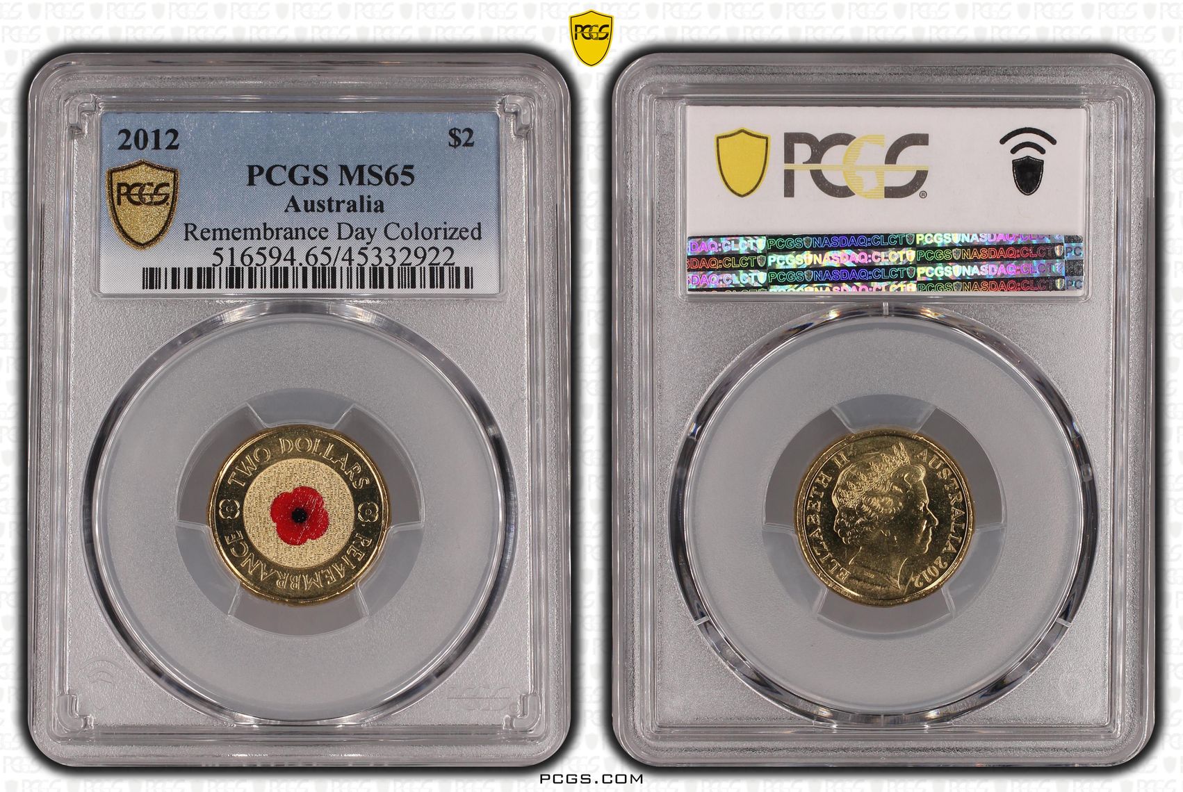 Elizabeth II, Remembrance Day Colored, Two Dollar, 2012, PCGS MS65