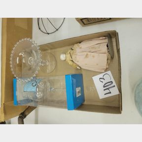 Candlewick compote, antique dolly, and wine glass