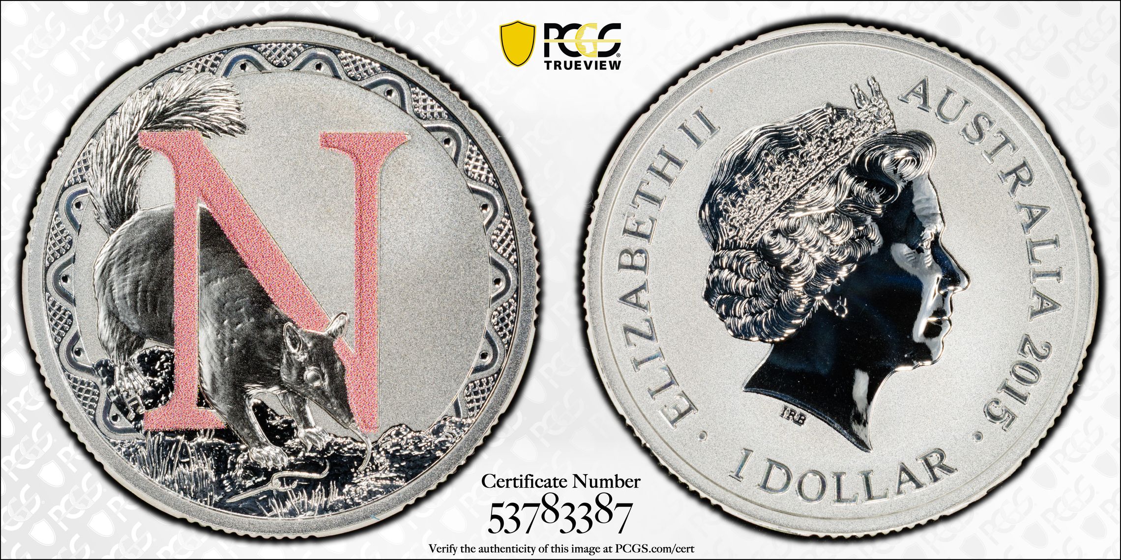 N - Numbat Silver Colourised, 1/0, One Dollar, 2015, PCGS MS70