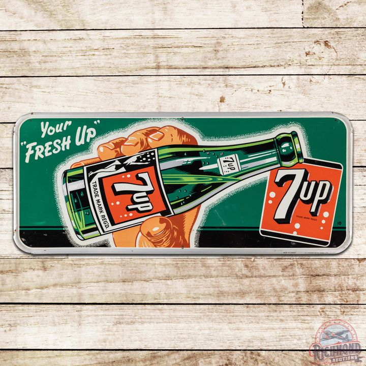 Excellent NOS 7up Your "Fresh Up" Emb. Single Sided Tin Sign w/ Hand & Bottle