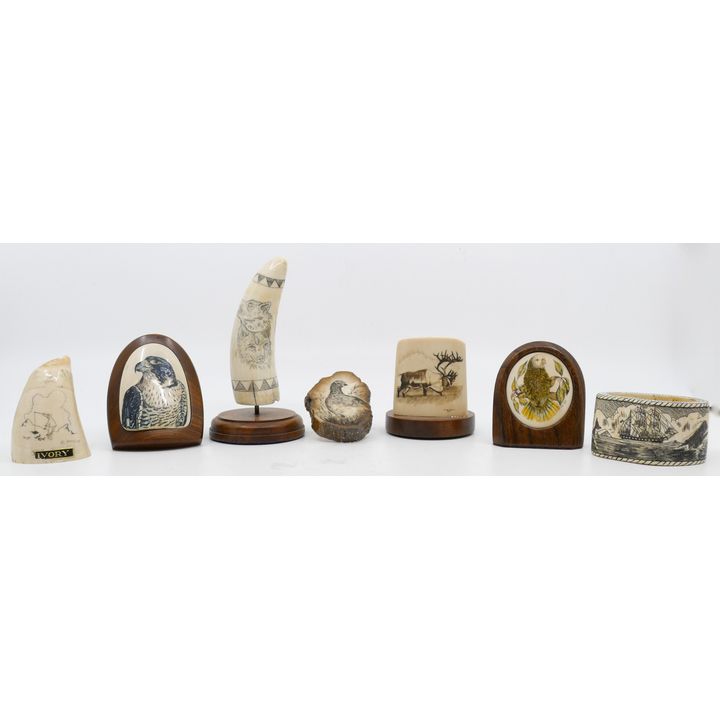 7pc Inuit Scrimshawed Plaques Etc.