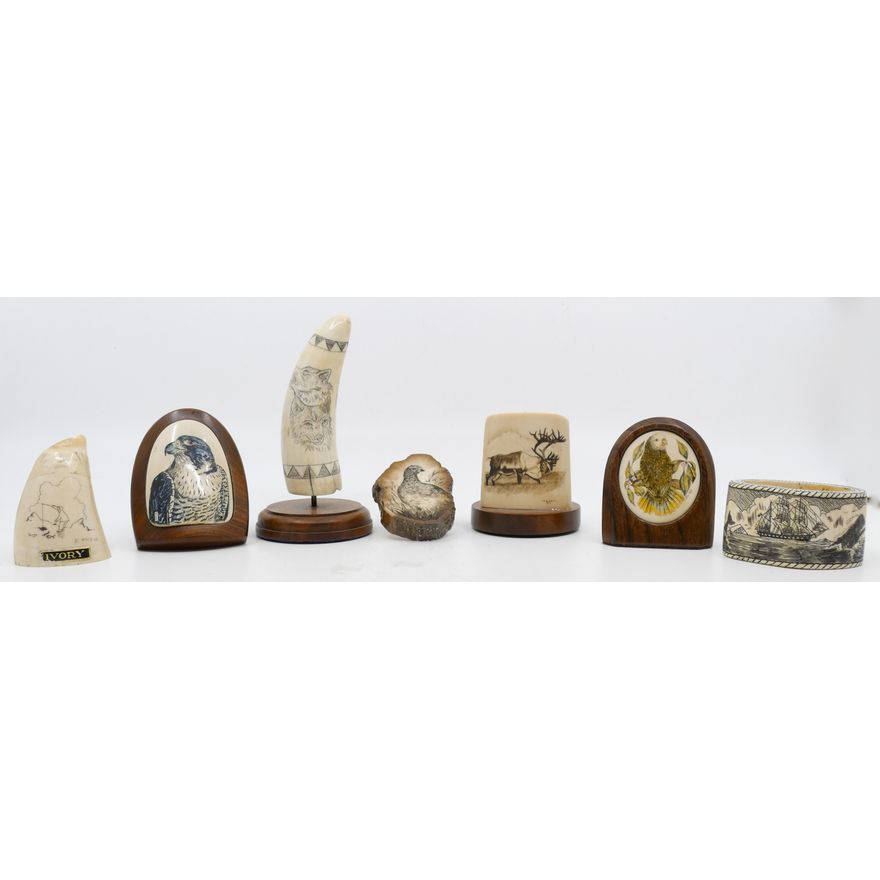 7pc Inuit Scrimshawed Plaques Etc.