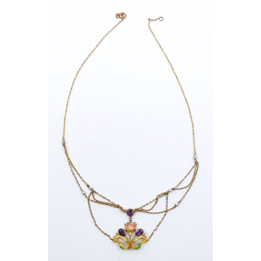 Art Nouveau 14k Amethyst Floral Lavalier Necklace 15''