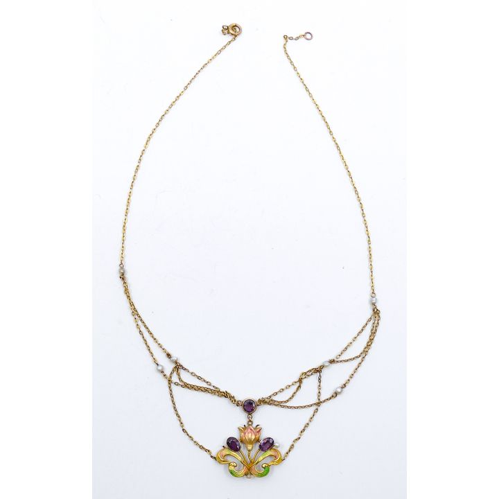 Art Nouveau 14k Amethyst Floral Lavalier Necklace 15''
