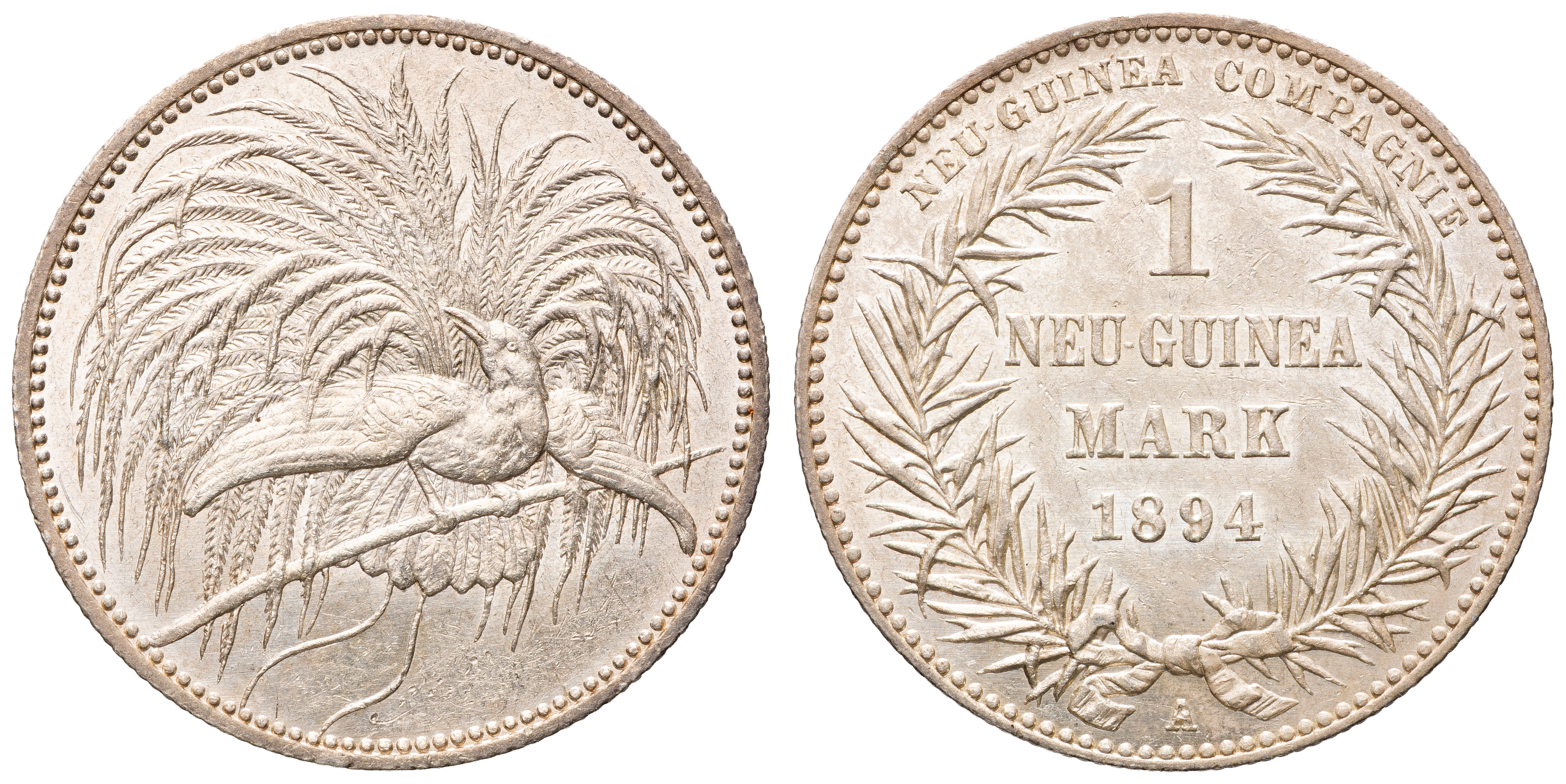 German New Guinea, Friedrich Wilhelm II, One Mark, 1894-A, aEF
