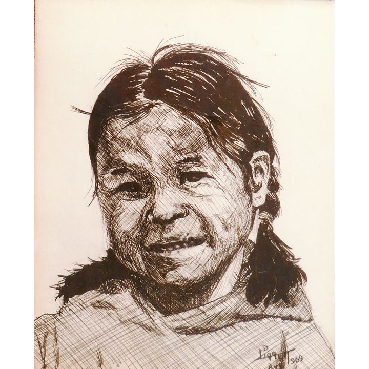 Dorothy Liggett Eskimo Child Ink Drawing Framed- 15x11''