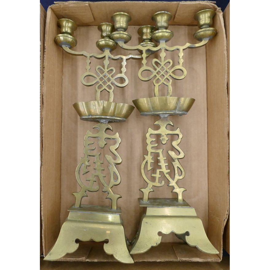 Pair Antique Chinese Brass Candlesticks - AS IS- 15''