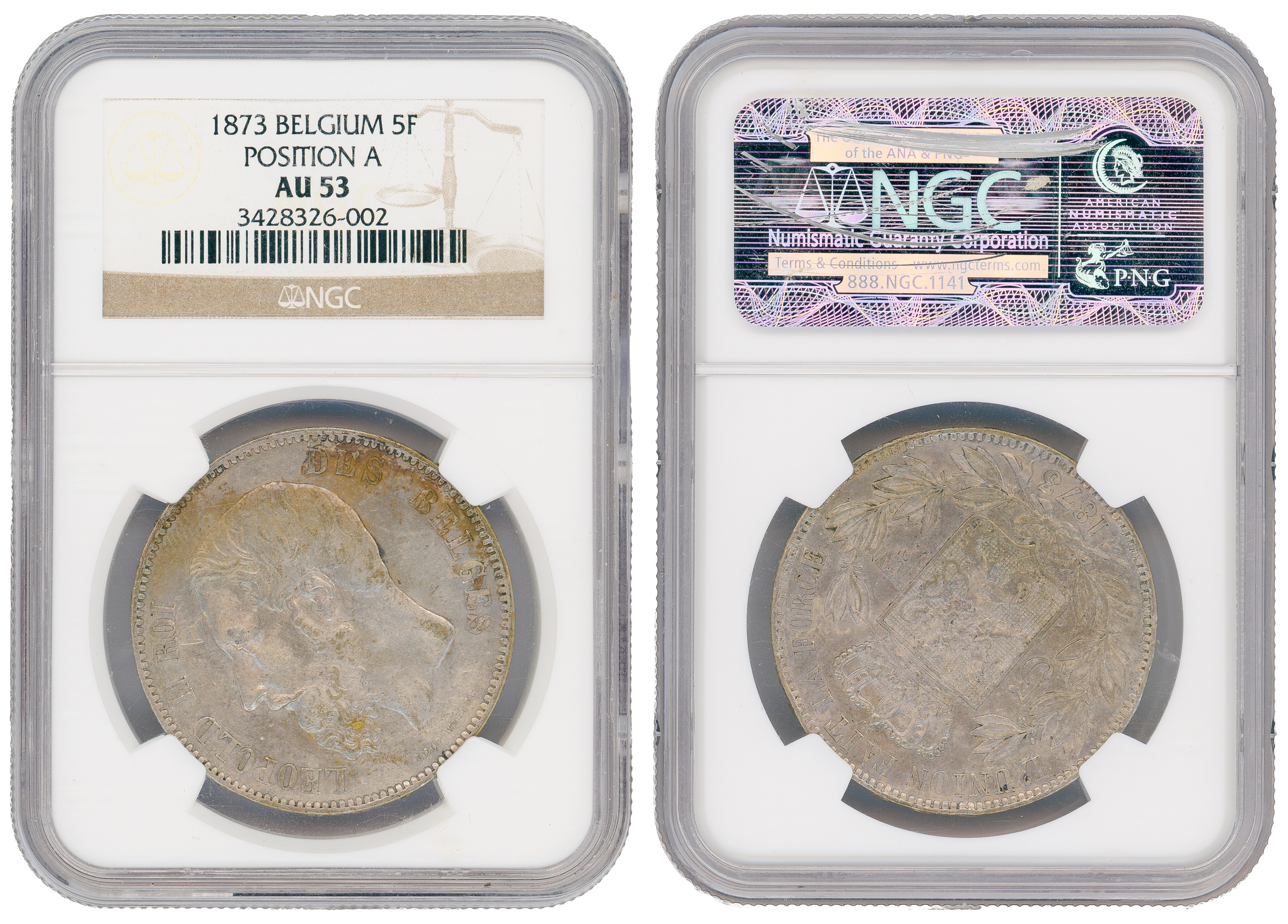 Belgium, Position A, Five Francs, 1873, NGC AU 53