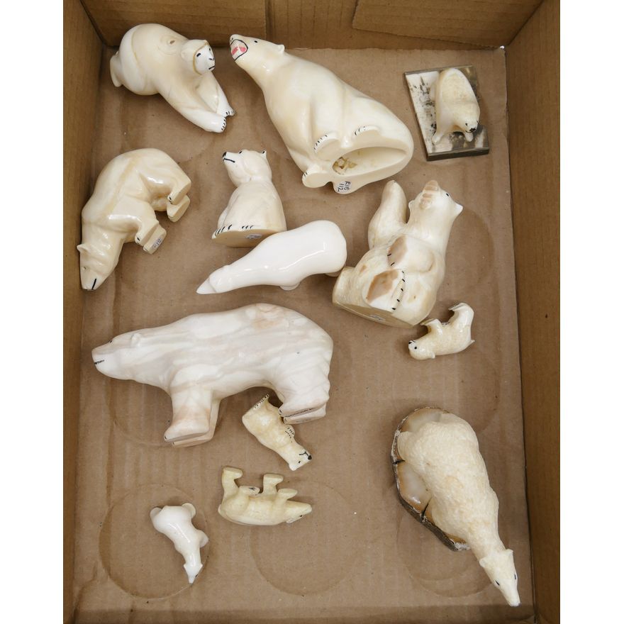 14pc Inuit Scrimshawed Polar Bear Carvings Largest 4.5''