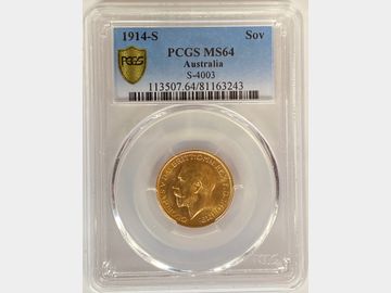 1914 GEORGE V SYDNEY MINT GOLD SOVEREIGN PCGS MS64