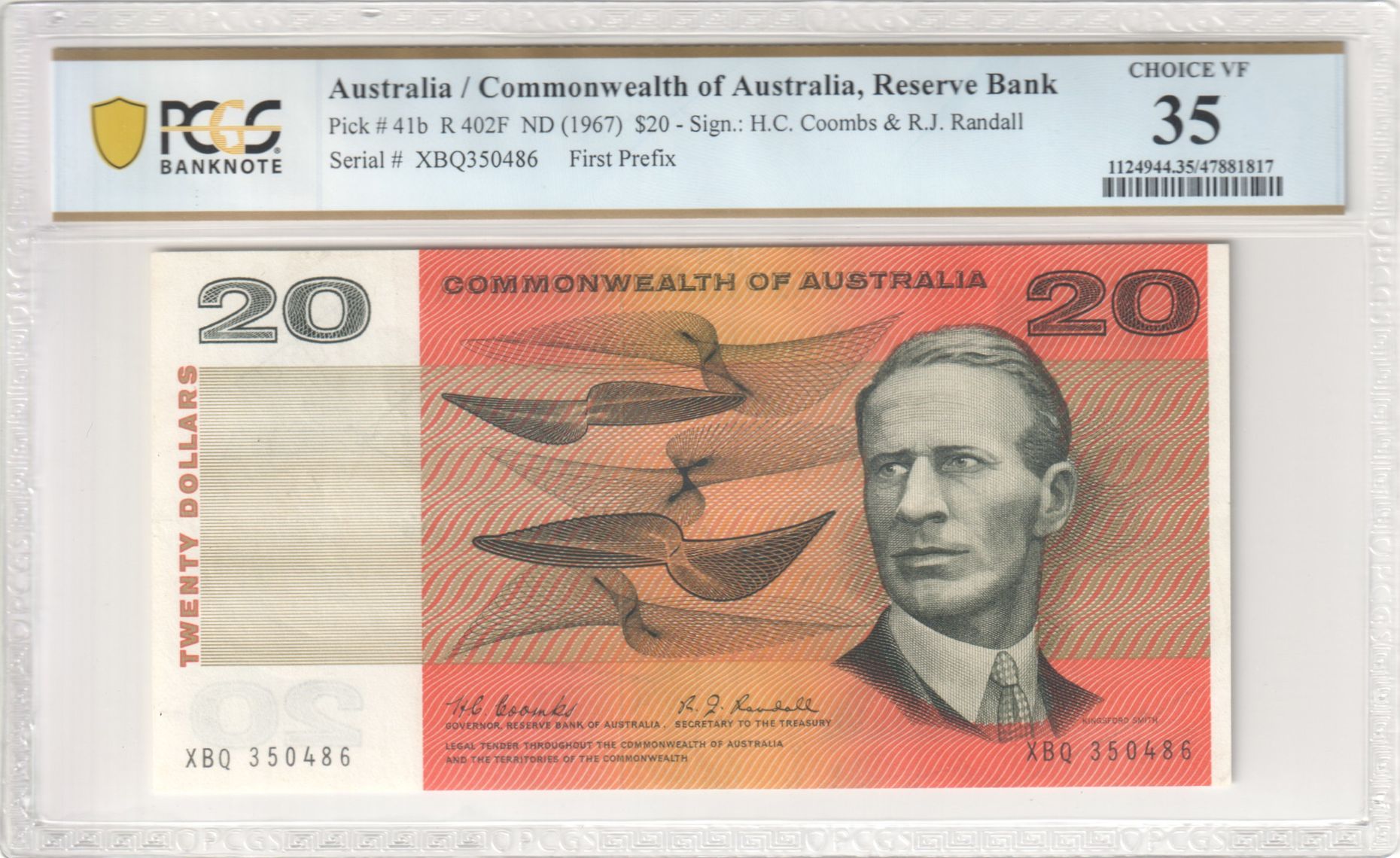 Coombs/ Randall, First Prefix, Twenty Dollar, 1967, PCGS Choice VF 35