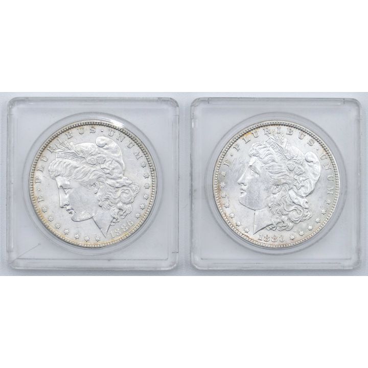 2pc US 1883 & 1886 Morgan Silver Dollars in Cases