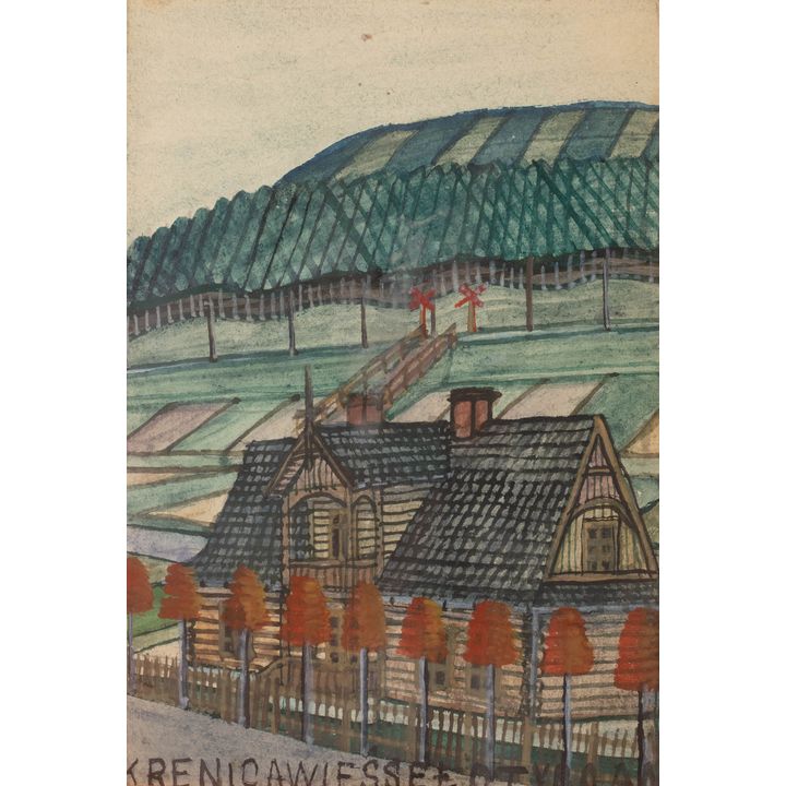 Nikifor Krynicki | Pejzaż beskidzki z torami w tle, ok. l. 60. XX w.