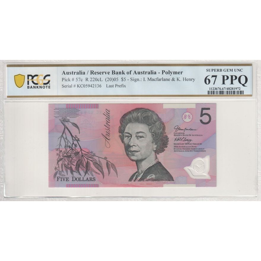 Macfarlane/Henry, Last Prefix, Five Dollar, 2005, PCGS Superb Gem UNC 67 PPQ