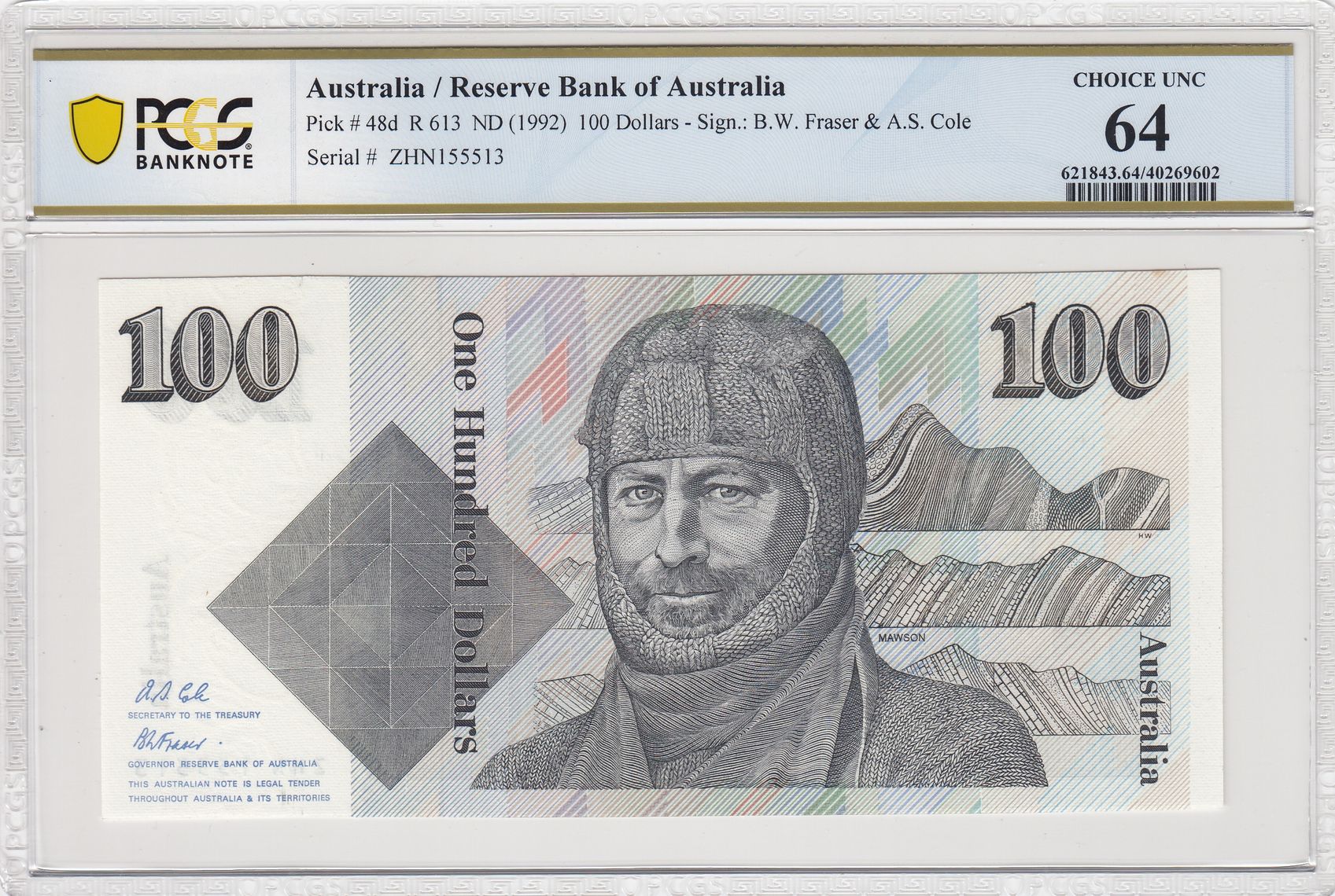 1991 Australia $100 Banknote Fraser/Cole Choice UNC 64 PCGS
