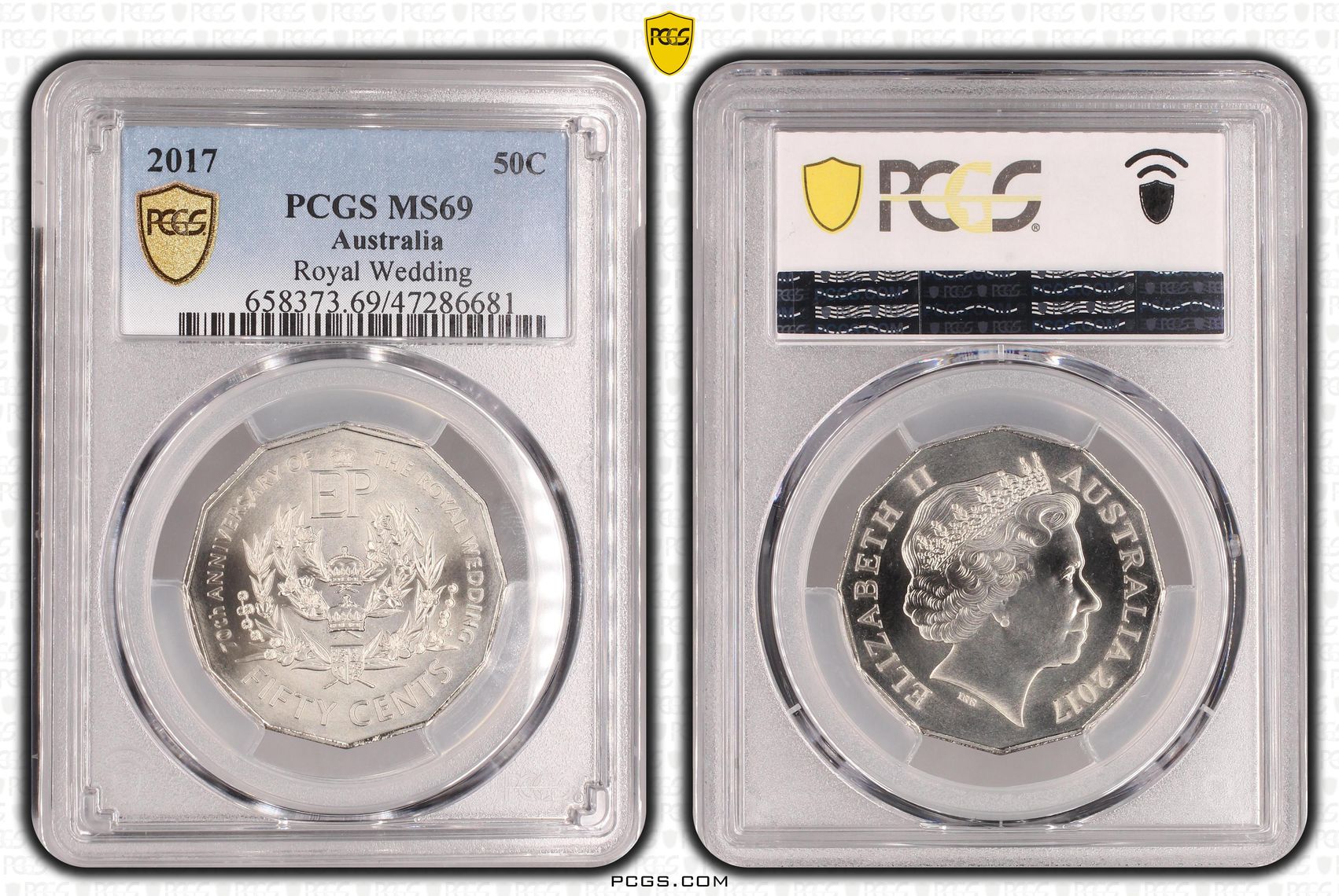 230 · Elizabeth II, Royal Wedding 70th Anniversary, Fifty Cent, 2017, PCGS MS69