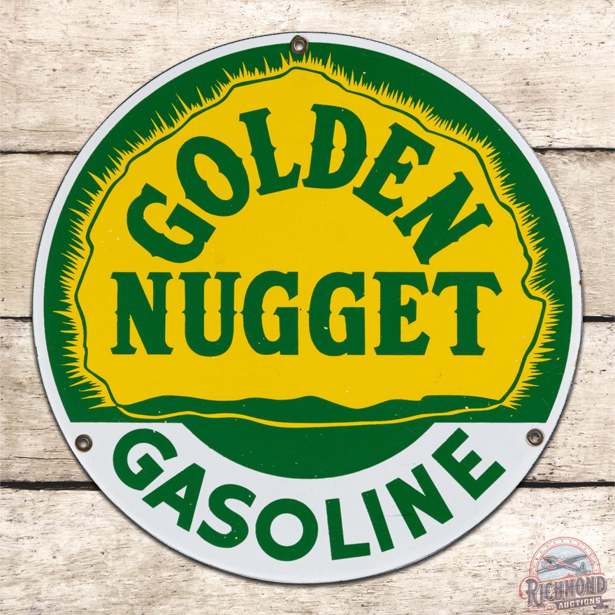 Incredible Golden Nugget Gasoline Single Sided Porcelain Pump Plate Sign
