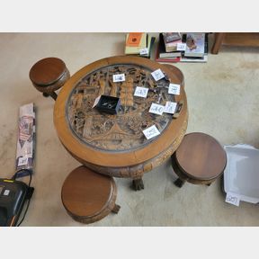 Large hand carved Oriental tea table with 4 chairs