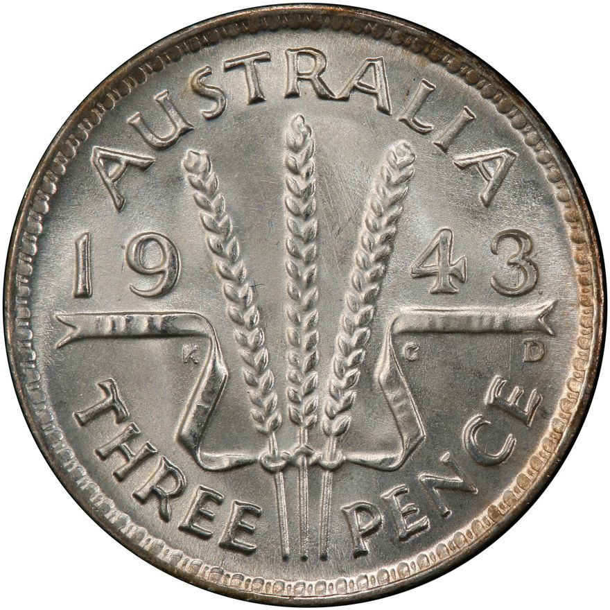 George VI, Threepence, 1943-D, MS 67
