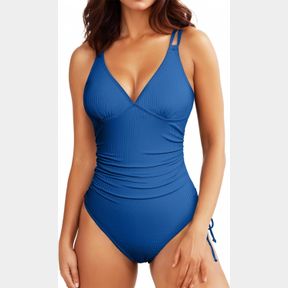 ALEUMDR ONE PIECE SWIMSUIT FOR WOMEN RUCHED TUMMY CONTROL BATHING SUIT V NECK TIE SIDE SWIMWEAR (AVAILABLE IN PLUS) BLUE XL