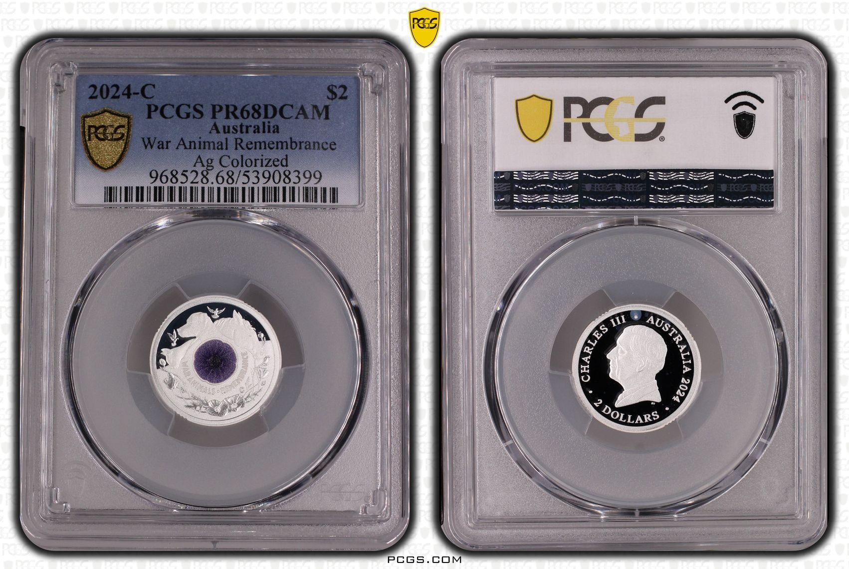 War Animal Remembrance Silver Colourised, Two Dollar, 2024-C, PCGS PR68DCAM