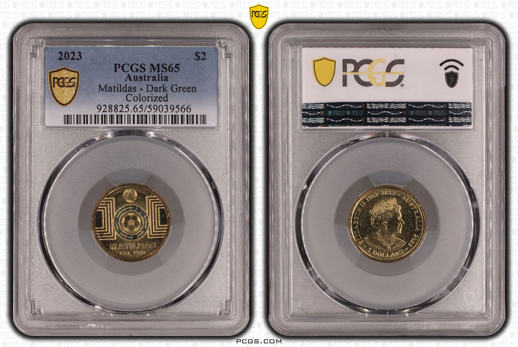 Matildas - Dark Green Colorized, Two Dollar, 2023, PCGS MS65