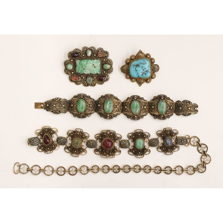 4pc Chinese Vermeil and Stone Jewelry