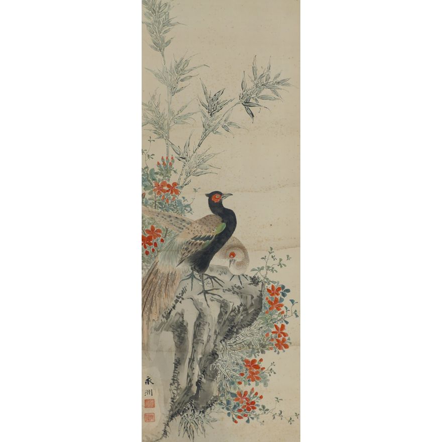 Meiji Japanese Pheasants Scroll Painting 45''x16.5'' Image