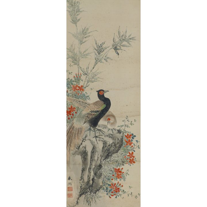 Meiji Japanese Pheasants Scroll Painting 45''x16.5'' Image
