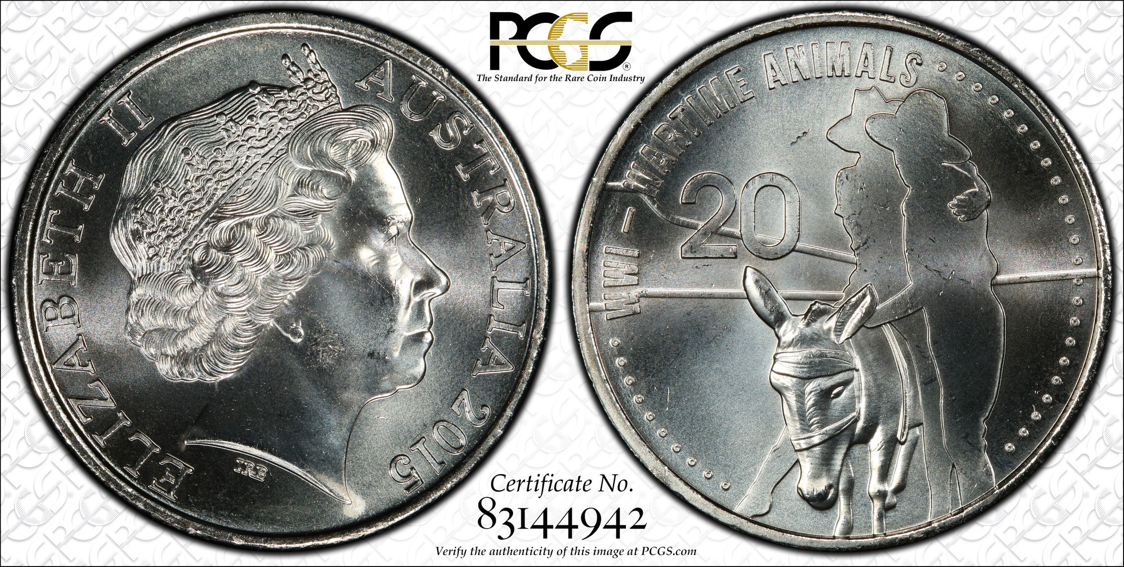 Elizabeth II, Wartime Animals, Twenty Cent, 2015, PCGS MS66
