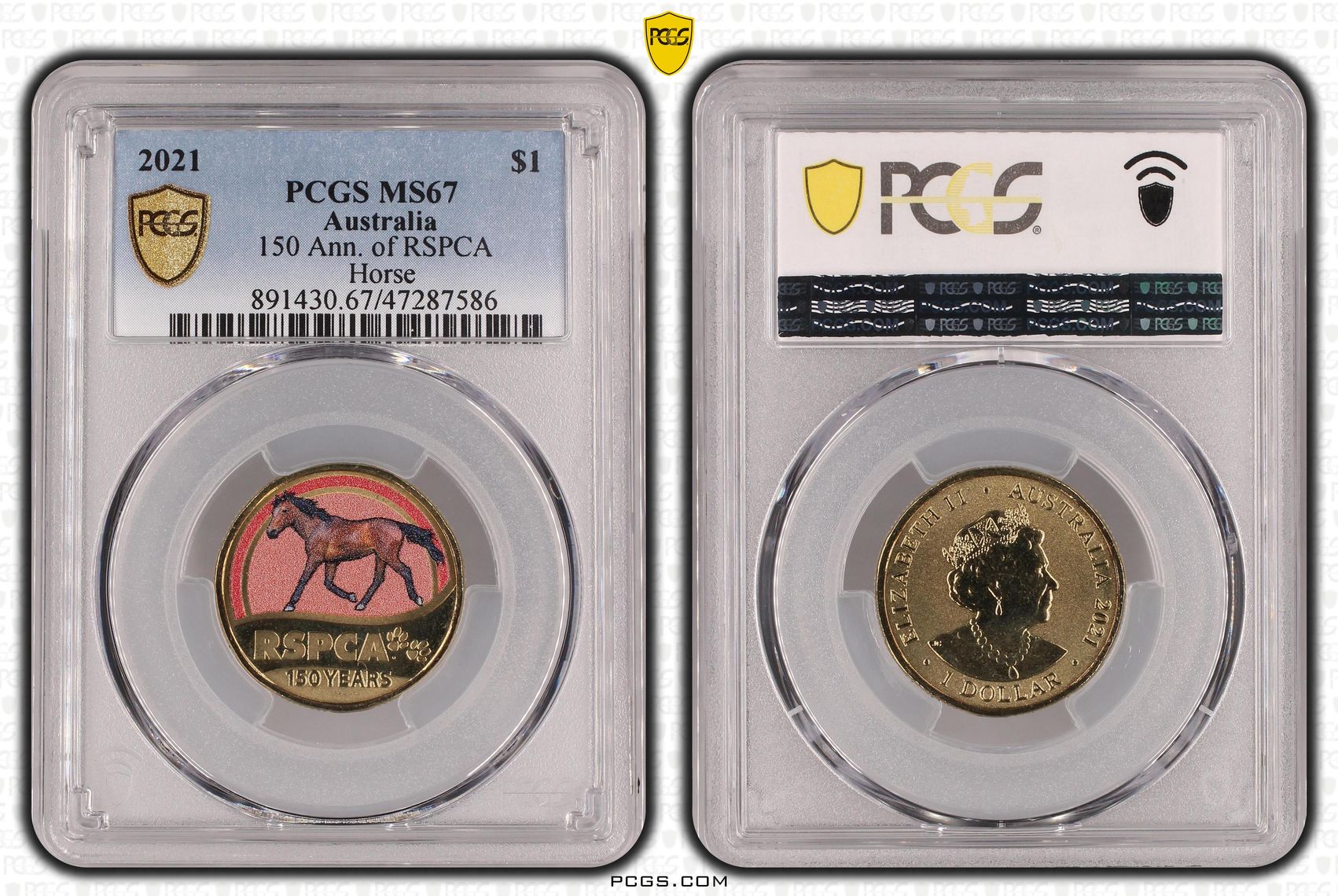 Elizabeth II, 150 Ann. of RSPCA Horse, One Dollar, 2021, PCGS MS67
