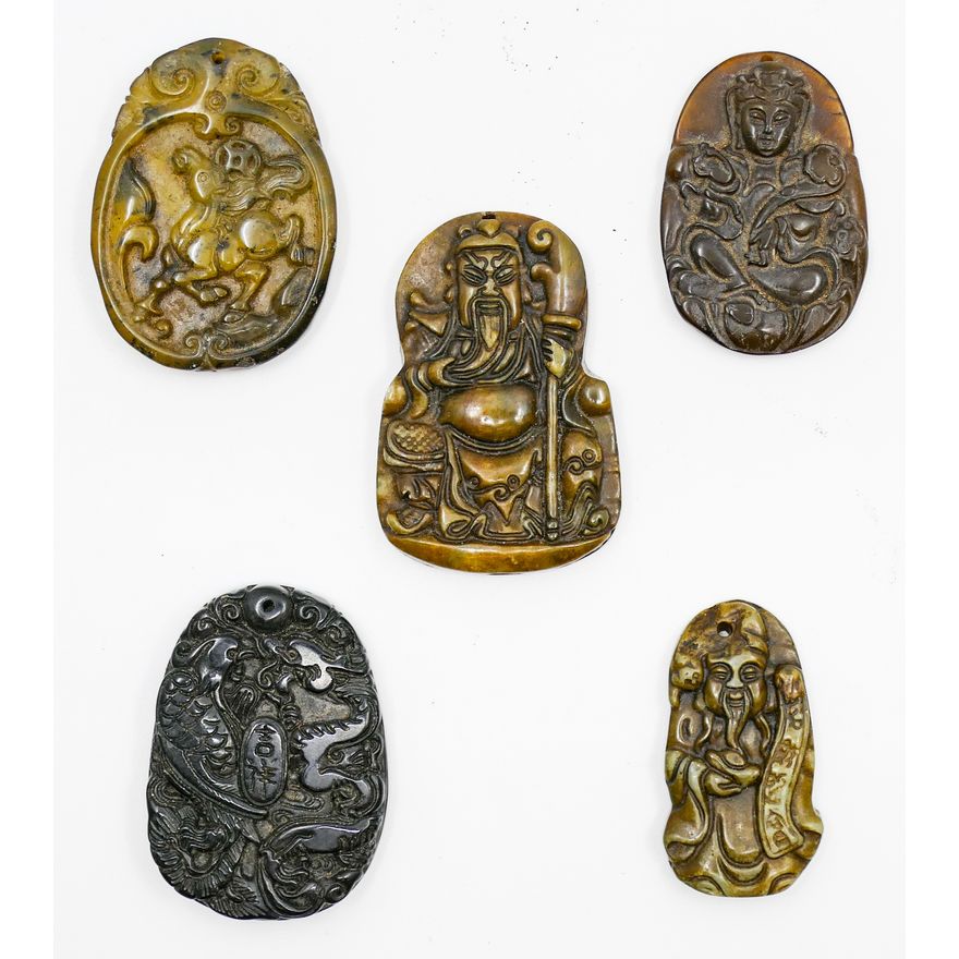 Box 5pc Chinese Carved Stone Pendants 1.5'' to 2''