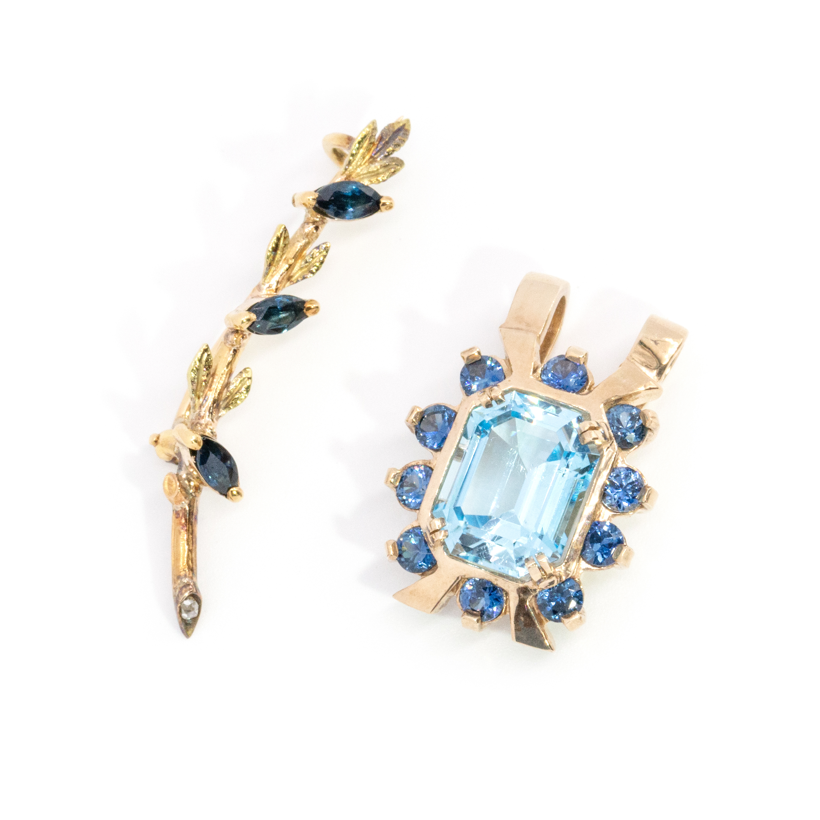 Sapphire Brooch & Topaz Sapphire Pendant 9ct Gold