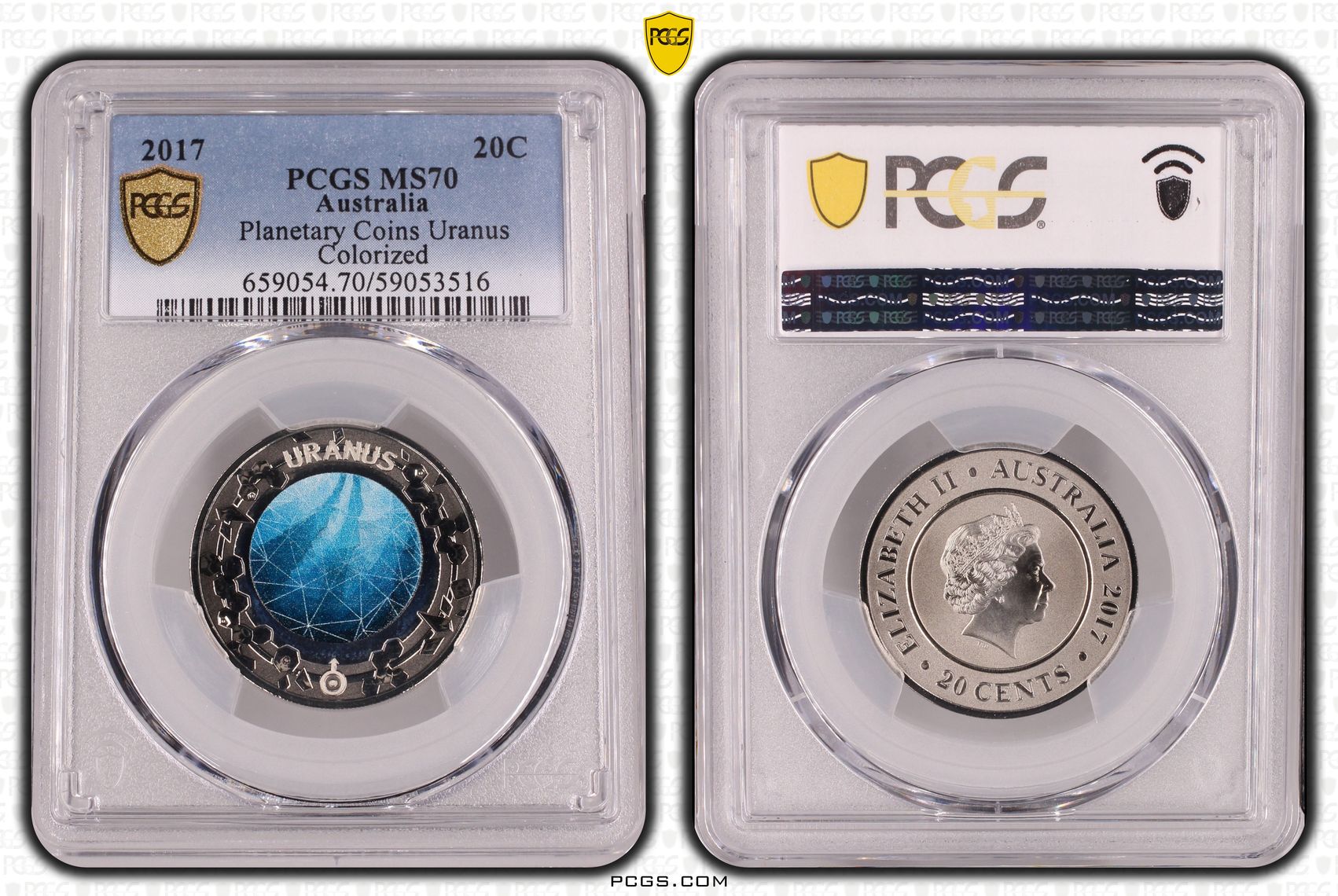233 · Planetary Coins Uranus Colourised, Twenty Cent, 2017,  MS70