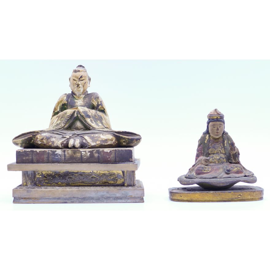 2pc Japanese Edo Lacquered Seated Deities 3.5'' and 5''