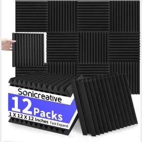 SONICREATIVE 12 PACK ACOUSTIC FOAM PANELS 1 X 12 X 12 INCHES SOUND PROOF FOAM PANELS FOR WALLS, WEDGE SOUNDPROOF WALL PANELS SOUND