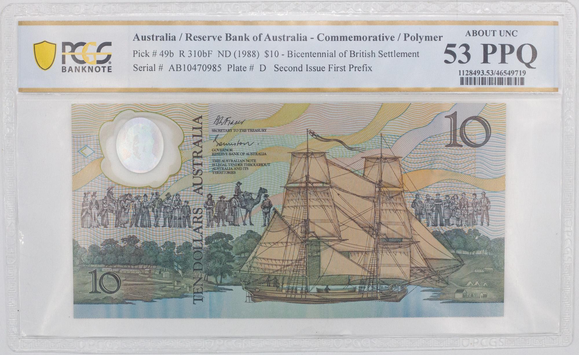 167 · RBA, Bicentennial of British Settlement, Second Issue First Prefix, Ten Dollar, ND (1988), PCGS - About UNC 53 PPQ