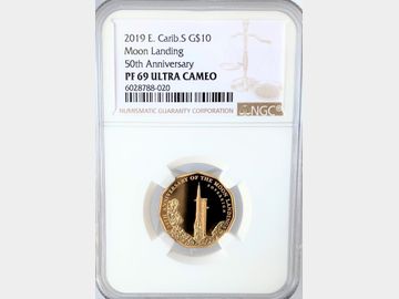 2019 EAST CARIBEAN 10 DOLLAR MOON LANDING 50TH ANNIVERSARY GOLD COIN PF69 ULTRA CAMEO