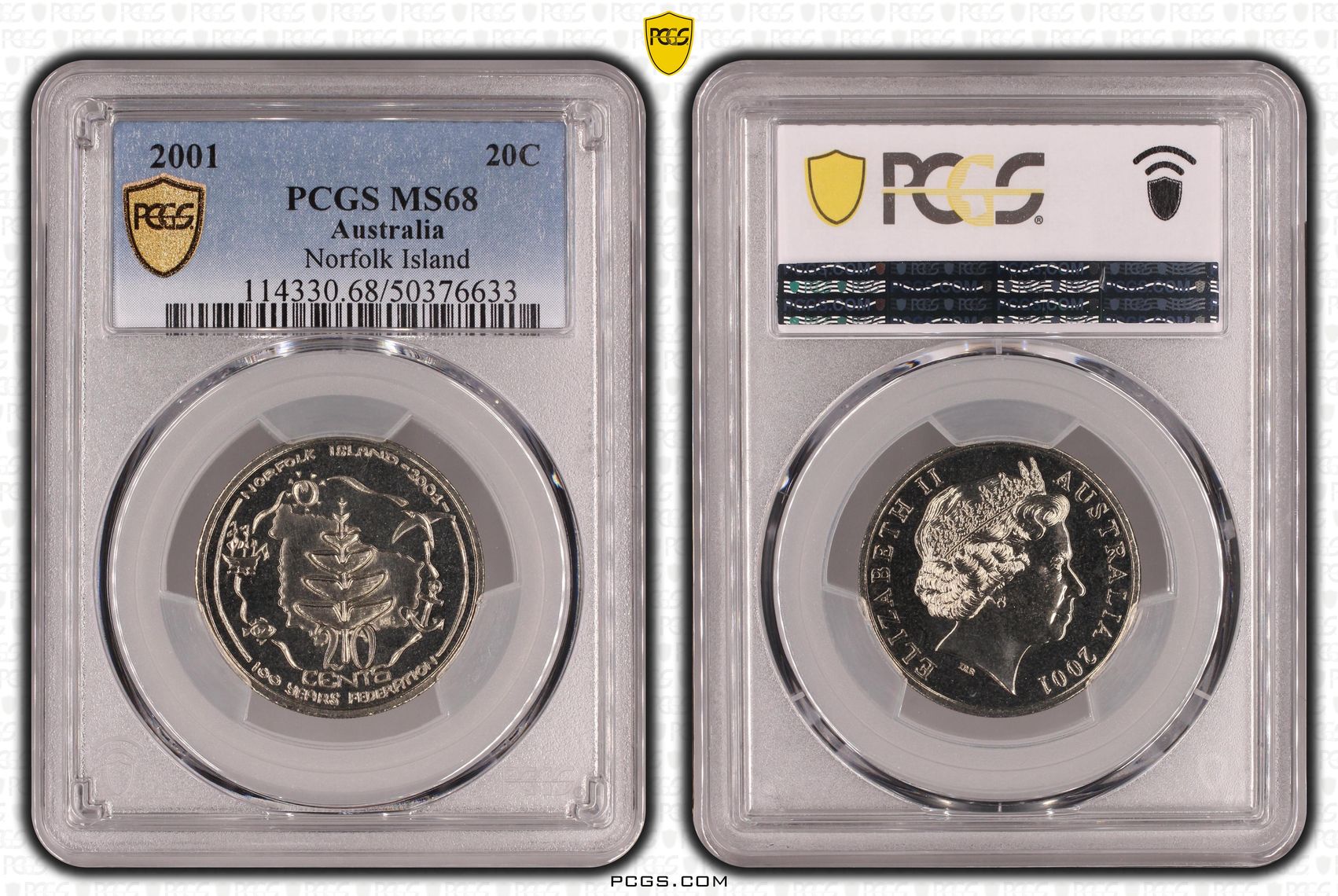 55 · Norfolk Island , Twenty Cent, 2001, PCGS MS68