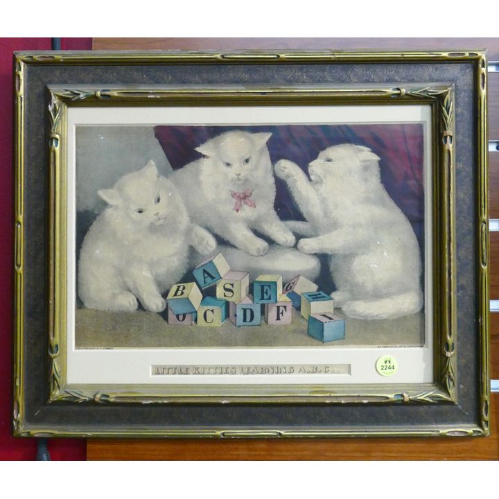 Antique J. Gemmell 'Little Kitties Learning ABC' Lithograph Framed- 14x17''