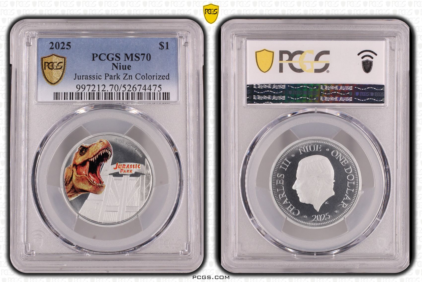 240 · Niue, Jurassic Park Zn Colorized, POP 15/0, One Dollar, 2025, PCGS MS70