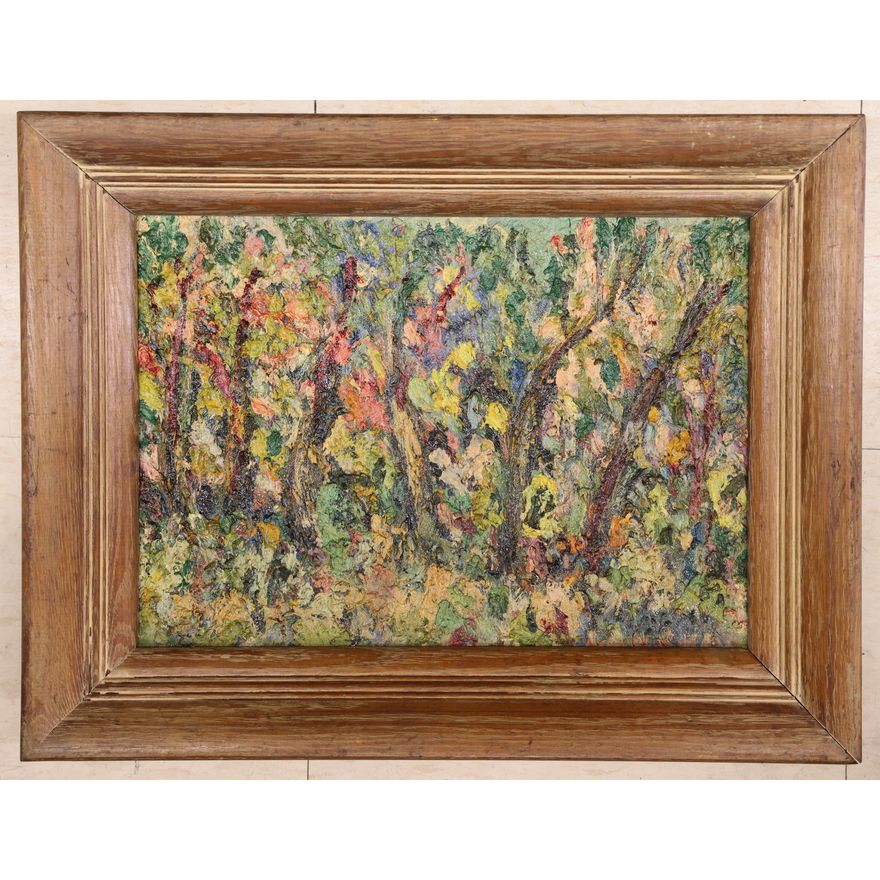 Signed Lanchar Expressionist Forest Scene Oil Painting Framed 14''x18''