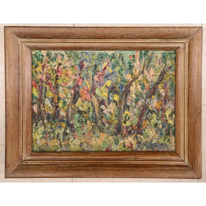 Signed Lanchar Expressionist Forest Scene Oil Painting Framed 14''x18''