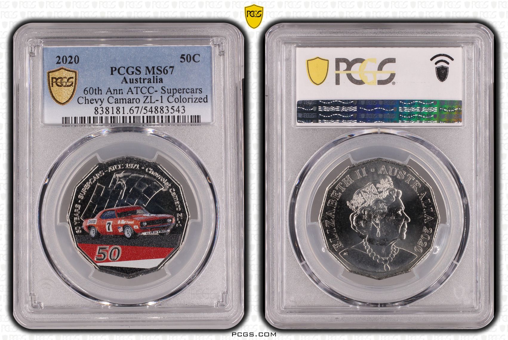 60th Ann ATCC- Supercars Chevy Camaro ZL-1 Colorized, Fifty Cent, 2020, PCGS MS67
