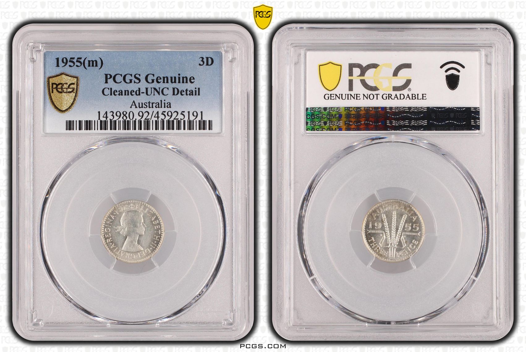 Elizabeth II, Threepence, 1955(m), PCGS Genuine - AU Details (92 - Cleaned)