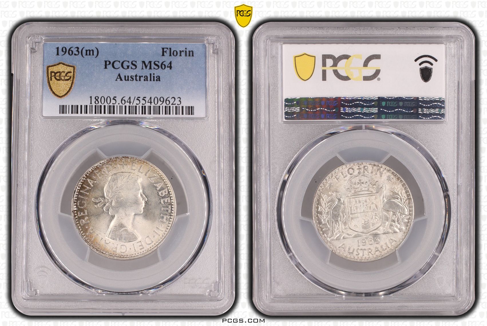 107 · Elizabeth II, Florin, 1963(m), PCGS MS64